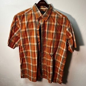 Orange plaid Arrow camp shirt, short-sleeve, easy-care - XL.